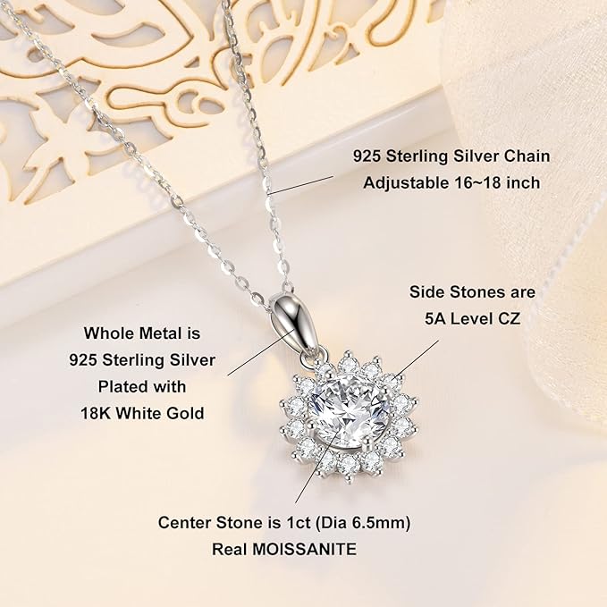 ONE : 💎Pendant Necklace 💎 MOISSANITE DIAMOND Snow Queen (18K WHITE Gold) OVER 925 Sterling Silver Necklace) D Color VVS1 Clarity 1CT