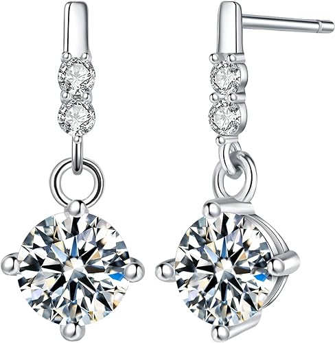 ONE PAIR: 925 Sterling Silver MOISSANITE DANGLE Earrings HIGH QUALITY MOISSANITE DIAMOND Brilliant ROUND CUT