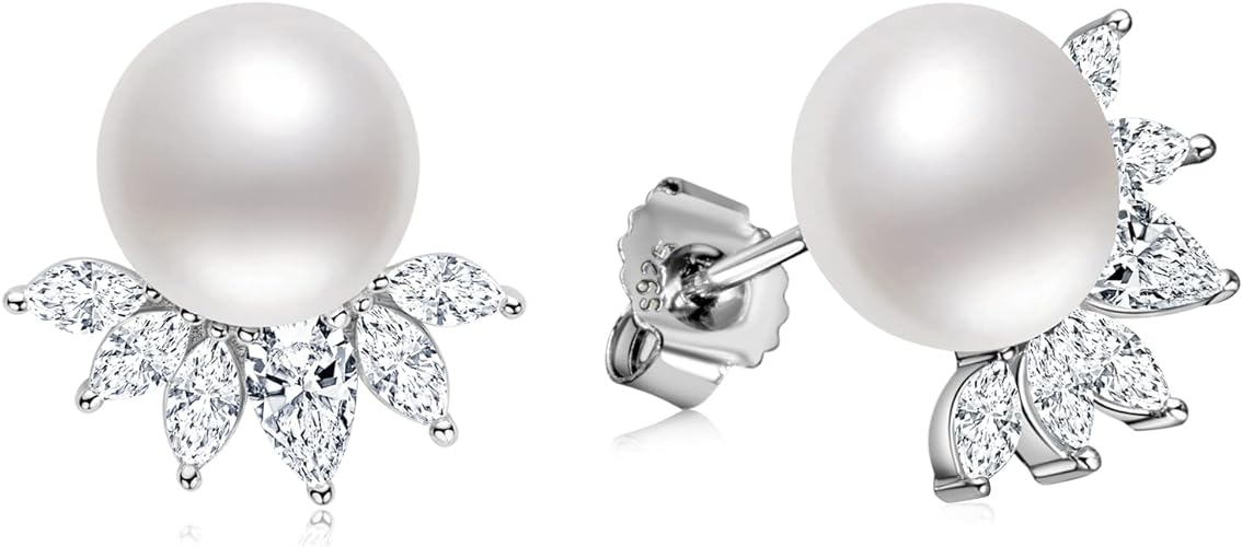 ONE PAIR:  Elegant Freshwater Cultured White Pearl Drop Stud Earrings  AAAA Cubic Zirconia set in Sterling Silver