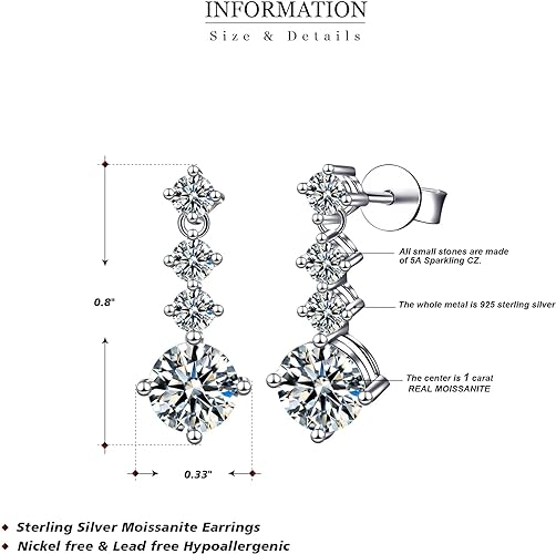 ONE PAIR: 925 Sterling Silver MOISSANITE DROP Earrings HIGH QUALITY MOISSANITE DIAMOND Brilliant ROUND CUT
