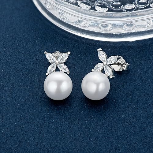 ONE PAIR:  Elegant Freshwater Cultured White Pearl Drop Stud Earrings  AAAA Cubic Zirconia set in Sterling Silver