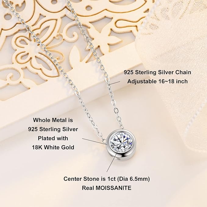 ONE : 💎Pendant Necklace 💎 MOISSANITE DIAMOND Classic Cup (18K WHITE Gold) OVER 925 Sterling Silver Necklace) D Color VVS1 Clarity 1CT