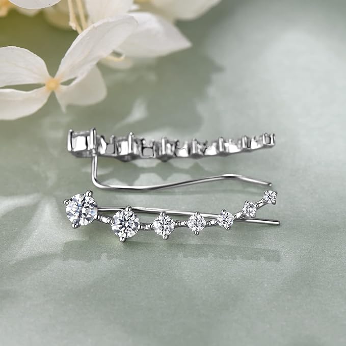 MOISSANITE Diamond Earrings, for Women 7 MOISSANITE Diamonds Ear Cuffs Crawler Earring 925 Sterling Silver Hypoallergenic Lab Diamond Climber Earrings Jewelry Gifts, White Gold