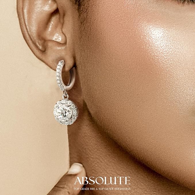 ONE PAIR: 925 Sterling Silver HOOP DROP MOISSANITE Earrings  Brilliant ROUND CUT HIGH QUALITY MOISSANITE DIAMOND 18 K White Gold Plated