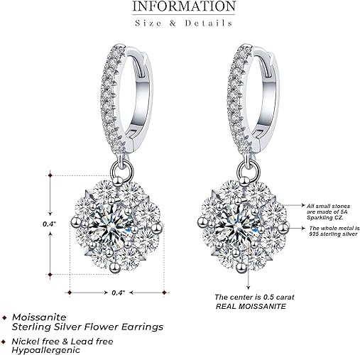 ONE PAIR: 925 Sterling Silver MOISSANITE DROP HOOP Earrings HIGH QUALITY MOISSANITE DIAMOND Brilliant ROUND CUT