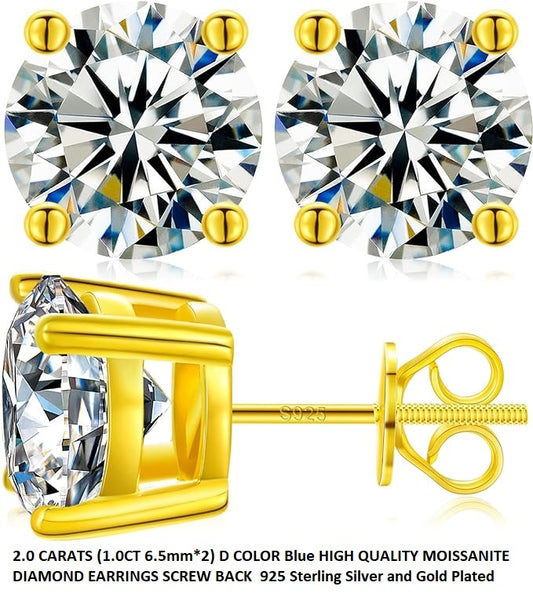 ONE PAIR: of Earrings 2.0 CARATS (1.0CT 6.5mm*2) D COLOR Blue HIGH QUALITY MOISSANITE DIAMOND EARRINGS SCREW BACK