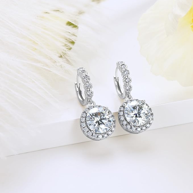 ONE PAIR:18K White Gold Plated in 925 Sterling Silver Huggie Hoop Earrings Dangle Drop Earrings HIGH QUALITY MOISSANITE DIAMOND Brilliant ROUND Cut 6ct (9mm/3ct*2)