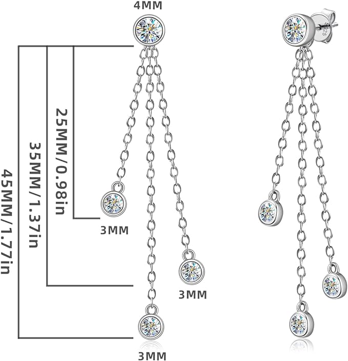 ONE PAIR: Dangle Chain Earrings 925 Sterling Silver 18K WHITE GOLD PLATED Drop Stud Earrings, HIGH QUALITY MOISSANITE Diamonds  GRA Certificate