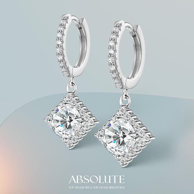 ONE PAIR: 925 Sterling Silver HOOP DROP MOISSANITE Earrings  Brilliant ROUND CUT HIGH QUALITY MOISSANITE DIAMOND 18 K White Gold Plated