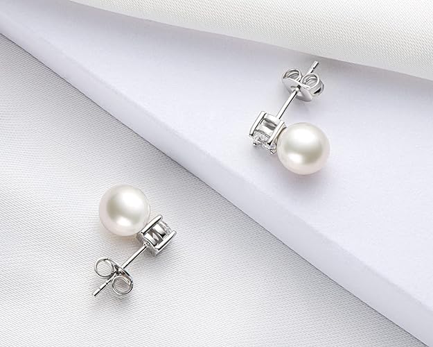 ONE PAIR:  Elegant Freshwater Cultured White 6.5-7 mm Pearl Drop Stud Earrings MOISSANITE DIAMONDS D Color VVS1 Clarity Brilliant Silver