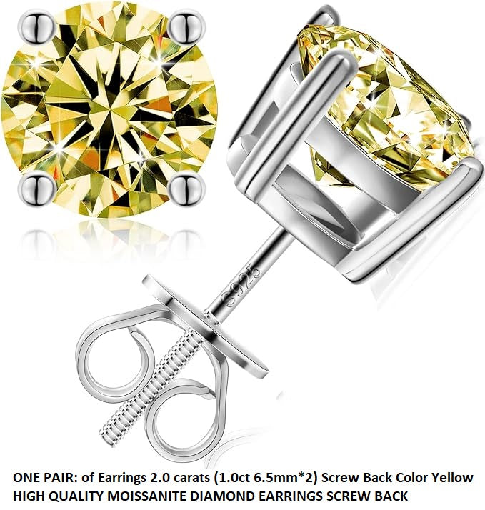 ONE PAIR: of Earrings 2.0 carats (1.0ct 6.5mm*2) Screw Back Color Yellow HIGH QUALITY MOISSANITE DIAMOND EARRINGS SCREW BACK