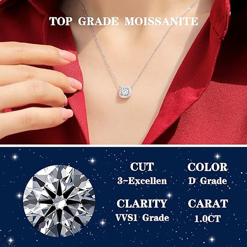 ONE : 💎Pendant Necklace 💎 MOISSANITE DIAMOND 1 Carats D Color VVS1 Clarity 18K Gold Plated OVER 925 Sterling Silver Necklace for Women Style: Square Halo