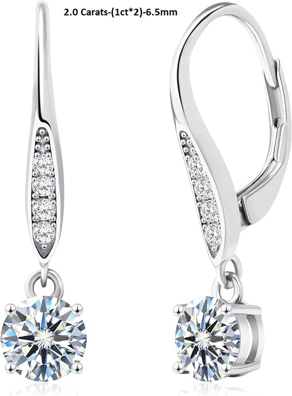 ONE PAIR: 18K White Gold 925 Sterling Silver Dangle Earrings Leverback Drop Earrings  Color  Brilliant Round Cut HIGH QUALITY MOISSANITE DIAMOND 2.0 Carats-(1ct*2)-6.5mm