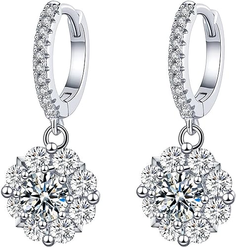 ONE PAIR: 925 Sterling Silver MOISSANITE DROP HOOP Earrings HIGH QUALITY MOISSANITE DIAMOND Brilliant ROUND CUT