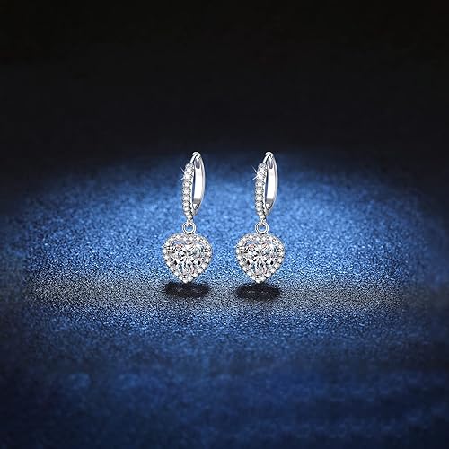 ONE PAIR: 925 Sterling Silver MOISSANITE DROP DANGLE HEART Earrings HIGH QUALITY MOISSANITE DIAMOND Brilliant ROUND CUT