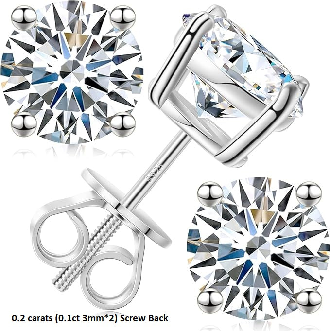 One pair earrings 0.1ct / 3mm Moissanite diamond on stud, total 0.2ct D color VVS1 clarity brilliant round cut lab created Moissanite and 925 sterling silver