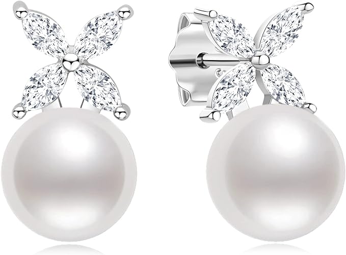 ONE PAIR:  Elegant Freshwater Cultured White Pearl Drop Stud Earrings  AAAA Cubic Zirconia set in Sterling Silver