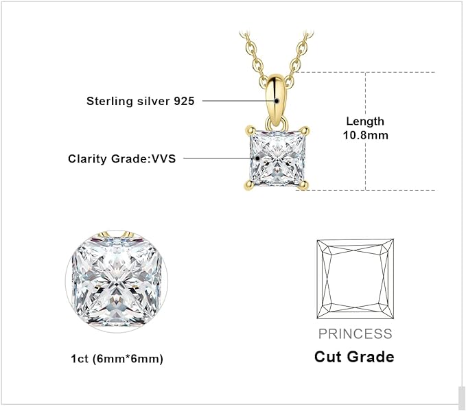 ONE : 💎Pendant Necklace 💎 MOISSANITE DIAMOND Princess Cut D Color VVS1 Clarity 14K YELLOW Gold Plated OVER 925 Sterling Silver Necklace