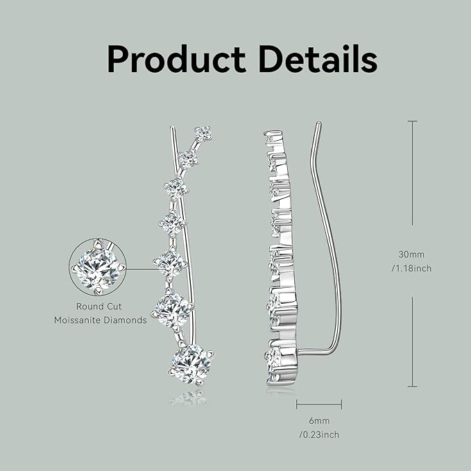 MOISSANITE Diamond Earrings, for Women 7 MOISSANITE Diamonds Ear Cuffs Crawler Earring 925 Sterling Silver Hypoallergenic Lab Diamond Climber Earrings Jewelry Gifts, White Gold