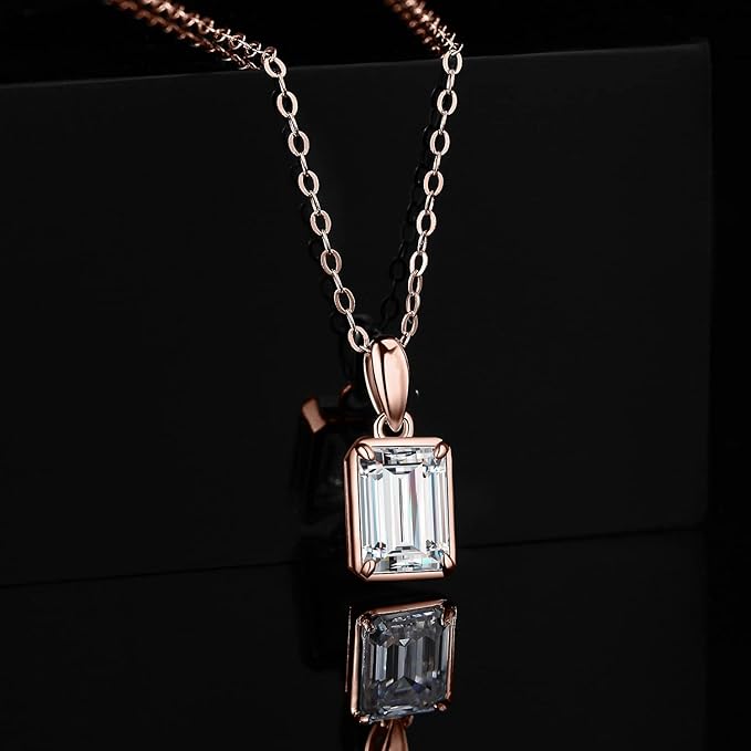 ONE : 💎Pendant Necklace 💎 MOISSANITE DIAMOND Emerald Cut 1CT D Color VVS1 Clarity 14K ROSE Gold Plated OVER 925 Sterling Silver Necklace