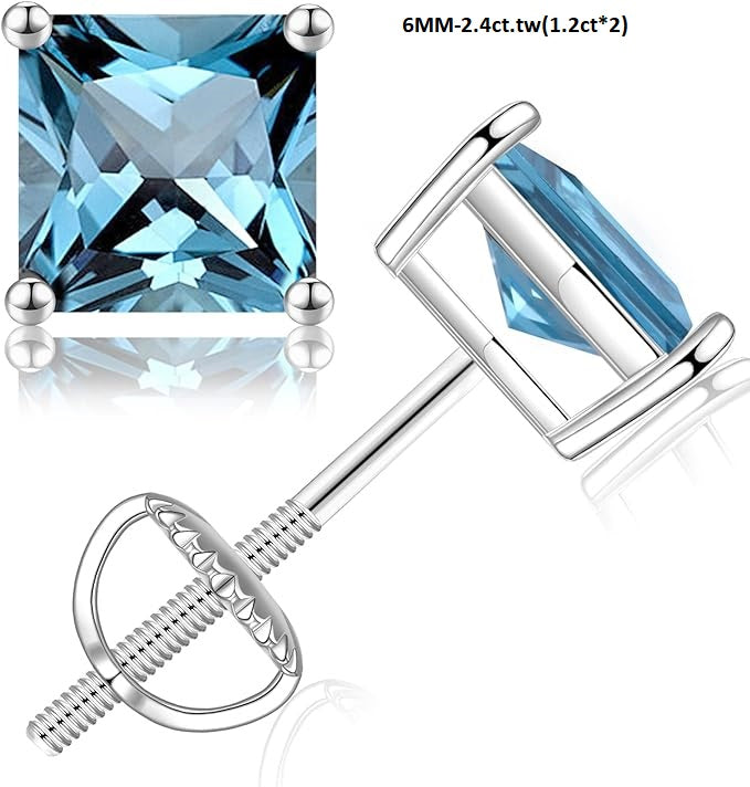 ONE PAIR: Princess Moissanite Diamond Studs Earrings ,925 Sterling Silver HIGH QUALITY MOISSANITE DIAMOND with18K White Gold Plated 6MM-2.4ct.tw(1.2ct*2)  Color: London Blue Topaz