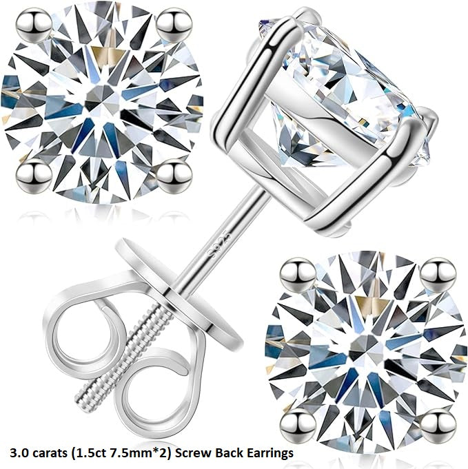 ONE PAIR: of Earrings 3.0 carats (1.5ct 7.5mm*2) Screw Back HIGH QUALITY MOISSANITE DIAMOND EARRINGS SCREW BACK