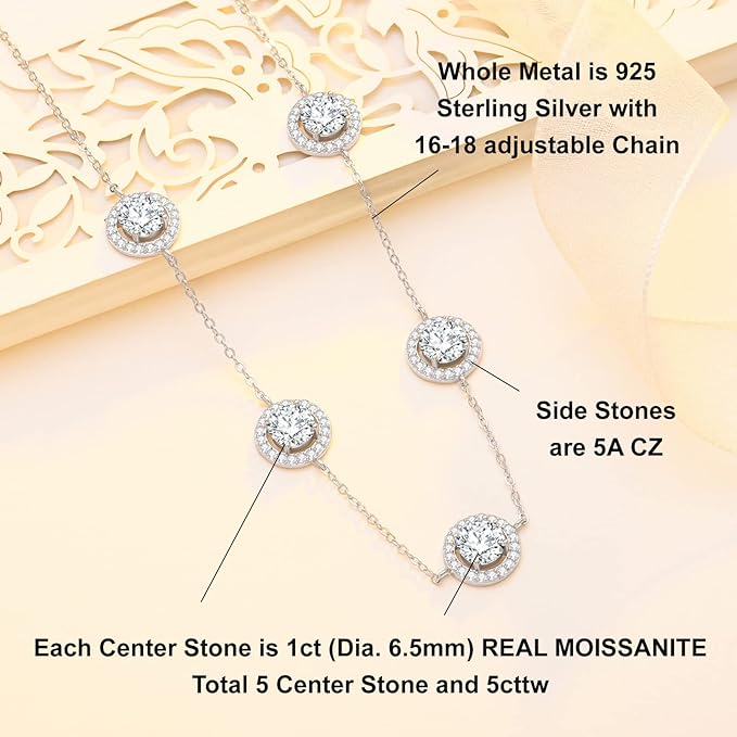 ONE :💎Pendant Necklace💎 5 MOISSANITE Stones, each stone is 1ct, total 5cttw. MOISSANITE DIAMOND  Halo Round 18k WHITE GOLD PLATED OVER 925 STERLNG SILVER