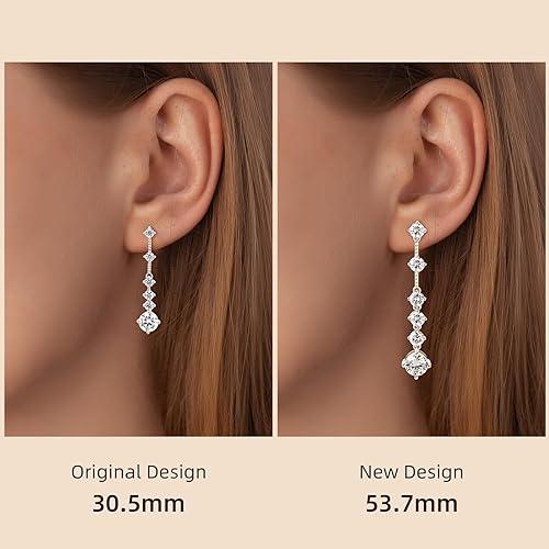 ONE PAIR: 925 Sterling Silver DROP MOISSANITE Earrings  Brilliant ROUND CUT Color: New 53.7mm-White Gold 4CT HIGH QUALITY MOISSANITE DIAMOND 18 K White Gold Plated