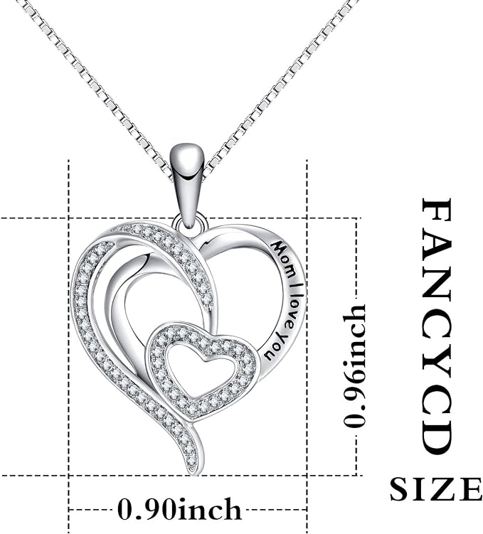 ONE PAIR: CZ Crystal Platinum Plated Silver Necklace Gifts for Mom Wife Girlfriend Her on Mothers Day Anniversary Birthday Gifts for Women I LOVE YOU MOM