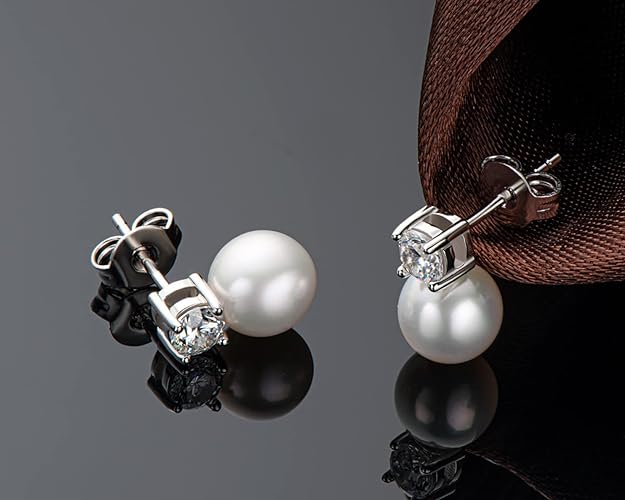 ONE PAIR:  Elegant Freshwater Cultured White 6.5-7 mm Pearl Drop Stud Earrings MOISSANITE DIAMONDS D Color VVS1 Clarity Brilliant Silver