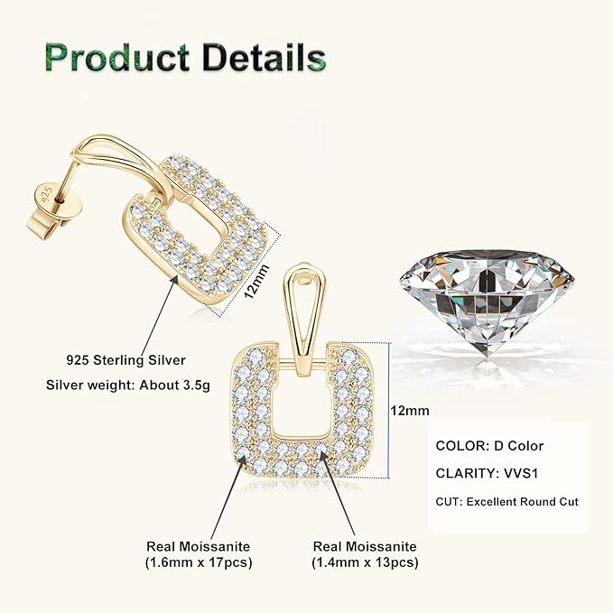 ONE PAIR: Gorgeous Square Shaped Stud Earrings MOISSANITE DIAMONDS D Color VVS1 Clarity Brilliant 1.4mm 1.6mm  0.89cttw per pair weight: about 3.5g.