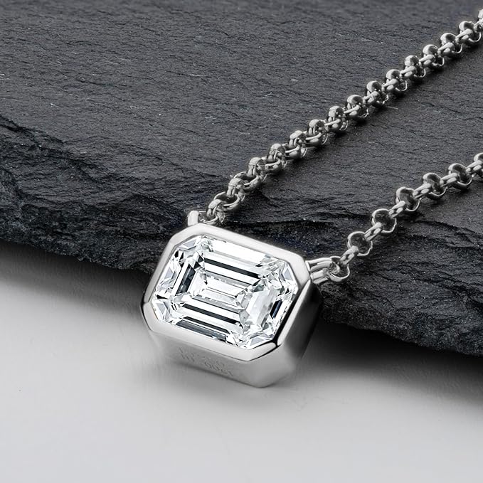 ONE : 💎Pendant Necklace 💎 MOISSANITE DIAMOND Style: Emerald Cut (18K White Gold) OVER 925 Sterling Silver Necklace)-1CT Cut D Color VVS1 Clarity