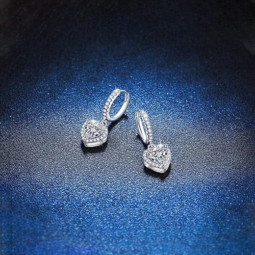 ONE PAIR: 925 Sterling Silver MOISSANITE DROP DANGLE HEART Earrings HIGH QUALITY MOISSANITE DIAMOND Brilliant ROUND CUT