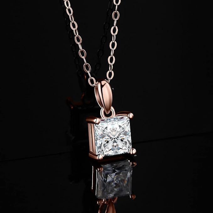 ONE : 💎Pendant Necklace 💎 MOISSANITE DIAMOND Princess Cut 1CT D Color VVS1 Clarity 14K ROSE Gold Plated OVER 925 Sterling Silver Necklace