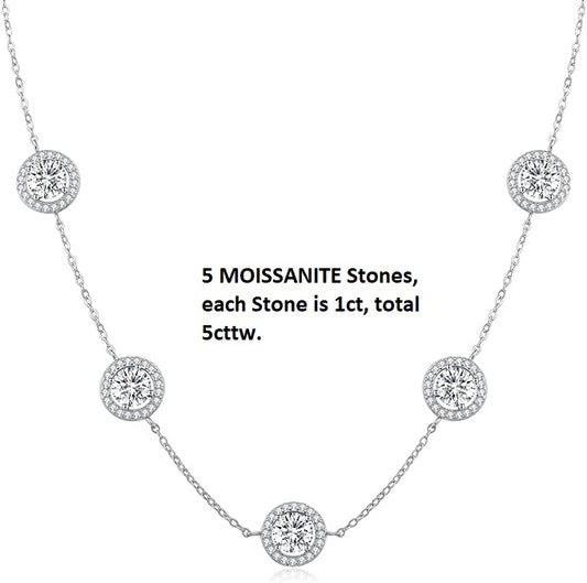 ONE :💎Pendant Necklace💎 5 MOISSANITE Stones, each stone is 1ct, total 5cttw. MOISSANITE DIAMOND  Halo Round 18k WHITE GOLD PLATED OVER 925 STERLNG SILVER