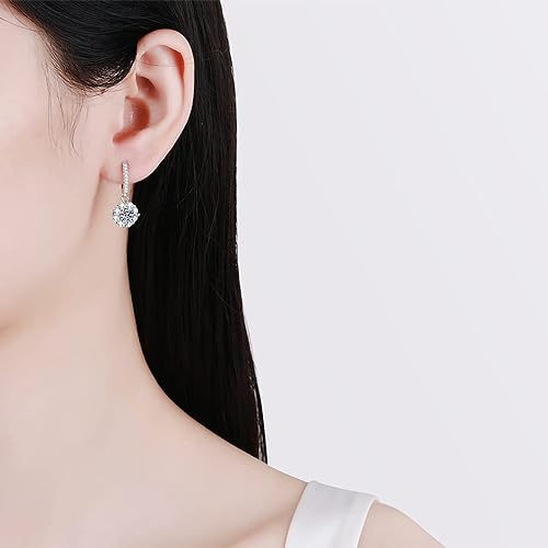 ONE PAIR: 925 Sterling Silver MOISSANITE DROP HOOP Earrings HIGH QUALITY MOISSANITE DIAMOND Brilliant ROUND CUT