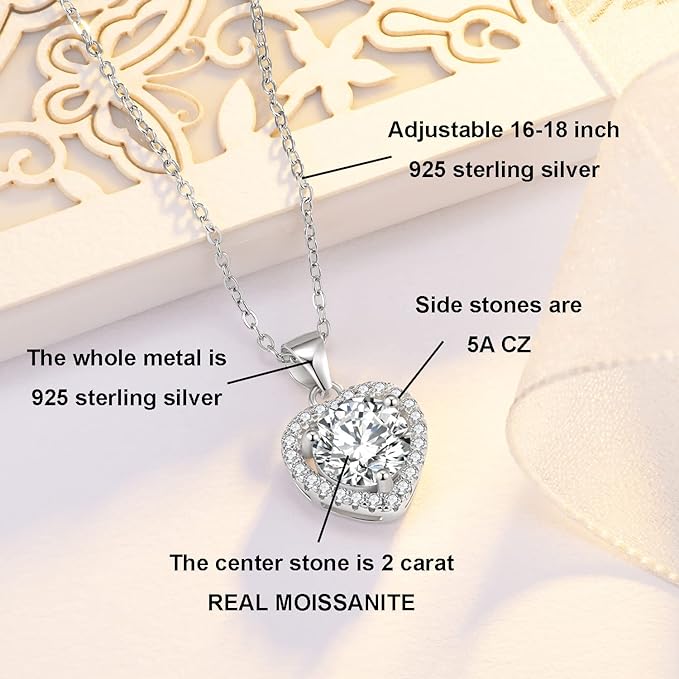 ONE : 💎Pendant Necklace 💎 MOISSANITE DIAMOND Style: HALO HEART (18K WHITE Gold) OVER 925 Sterling Silver Necklace) D Color VVS1 Clarity 6 PRONG 2CT