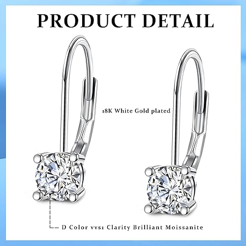 ONE PAIR: 18K White Gold 925 Sterling Silver Dangle Earrings Leverback Drop Earrings  Color  Brilliant Round Cut HIGH QUALITY MOISSANITE DIAMOND 2.0 carats(1.0ct*2)