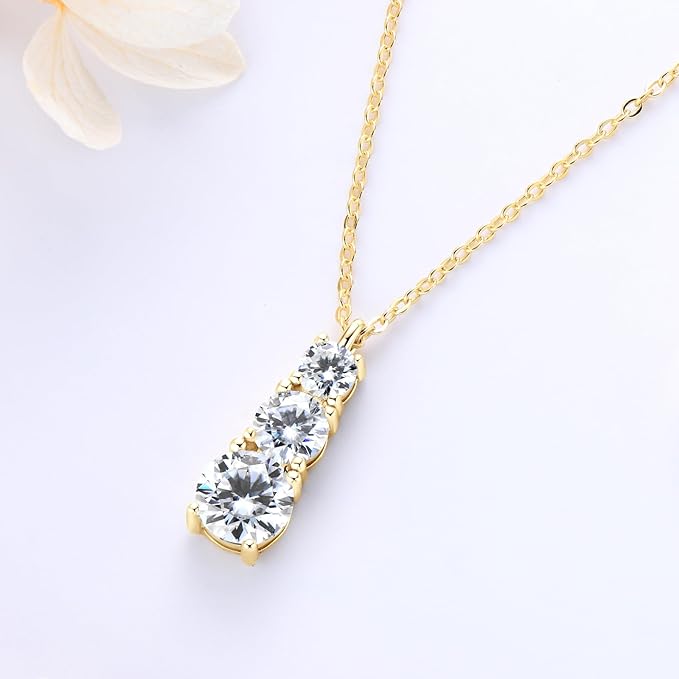 ONE :💎Pendant Necklace 💎 MOISSANITE DIAMOND  1.75CT-3 Stones-GOLD