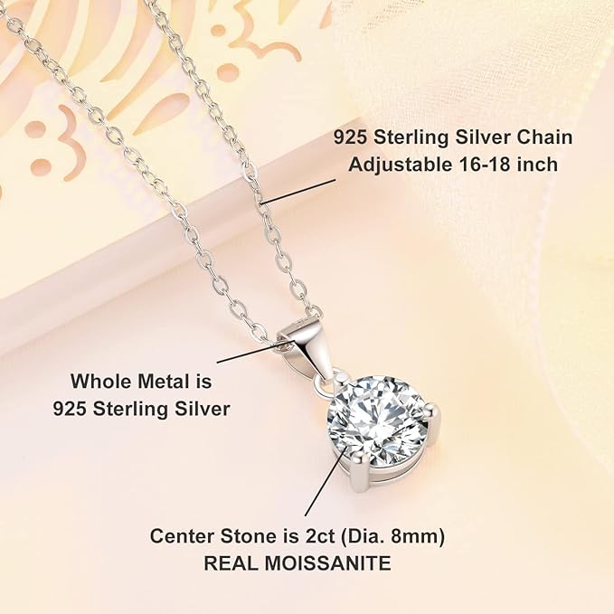 ONE : 💎Pendant Necklace 💎 MOISSANITE DIAMOND Style: Round Solitaire(18K White Gold) OVER 925 Sterling Silver Necklace) 2CT D Color VVS1 Clarity