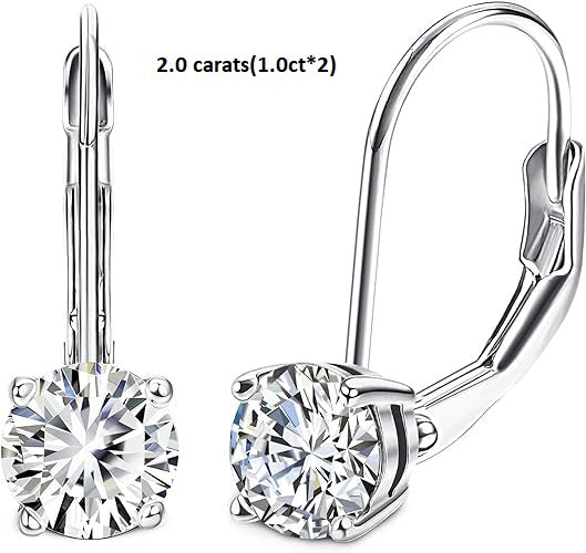 ONE PAIR: 18K White Gold 925 Sterling Silver Dangle Earrings Leverback Drop Earrings  Color  Brilliant Round Cut HIGH QUALITY MOISSANITE DIAMOND 2.0 carats(1.0ct*2)