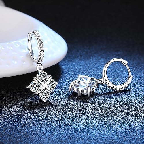 ONE PAIR: 925 Sterling Silver MOISSANITE DROP HOOP Earrings HIGH QUALITY MOISSANITE DIAMOND Brilliant ROUND CUT