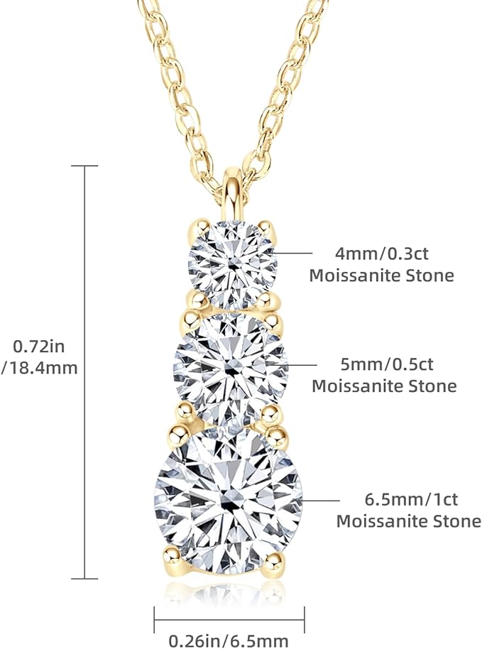 ONE :💎Pendant Necklace 💎 MOISSANITE DIAMOND  1.75CT-3 Stones-GOLD