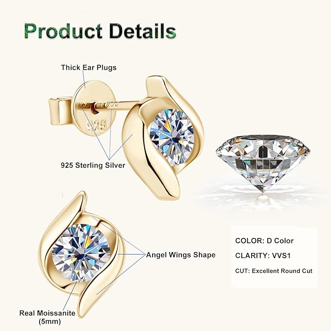 ONE PAIR: Gorgeous The angel wings stud earrings MOISSANITE DIAMONDS D Color VVS1 Clarity Brilliant (2pcs)/5mm MOISSANITE diamonds, 1.0cttw per pair