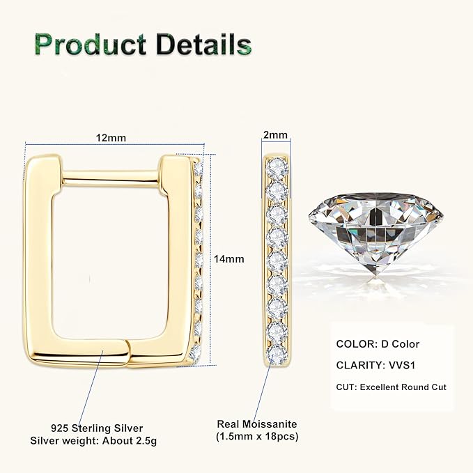 ONE PAIR: Gorgeous HOOP EARRINGS MOISSANITE DIAMONDS D Color VVS1 Clarity Brilliant Square Earrings 925 Sterling Silver 14K Gold Plated