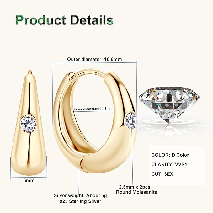 ONE PAIR: 925 Sterling Silver MOISSANITE Classic Round Hoop Earrings, D Color Lab Create Diamond, 14K Gold Plated Sterling Silver Hoop Earring