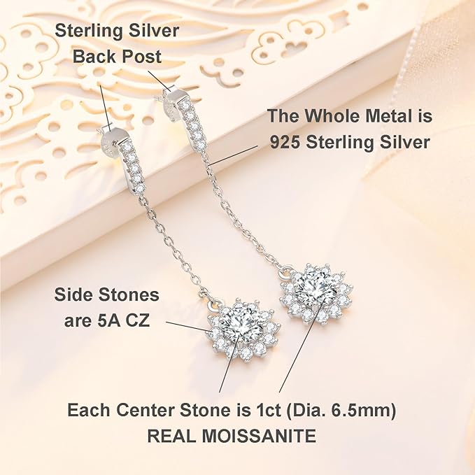 ONE PAIR: MOISSANITE DIAMONDS Style: Style: Sunflower Dangle Earrings, DF Color Ideal Cut Simulated Diamond 925 Sterling Silver Earrings for Women with Certificate of Authenticity