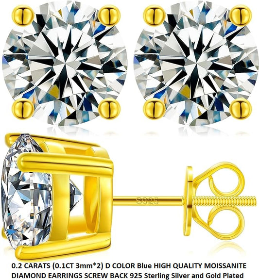 ONE PAIR: of Earrings 0.2 CARATS (0.1CT 3mm*2) D COLOR Blue HIGH QUALITY MOISSANITE DIAMOND EARRINGS SCREW BACK