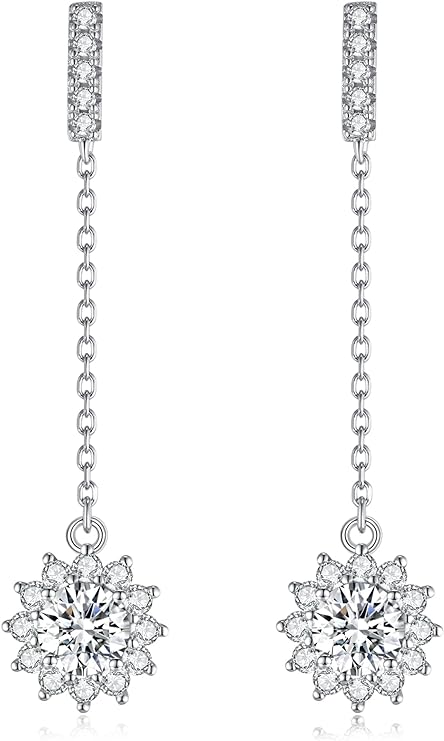 ONE PAIR: MOISSANITE DIAMONDS Style: Style: Sunflower Dangle Earrings, DF Color Ideal Cut Simulated Diamond 925 Sterling Silver Earrings for Women with Certificate of Authenticity