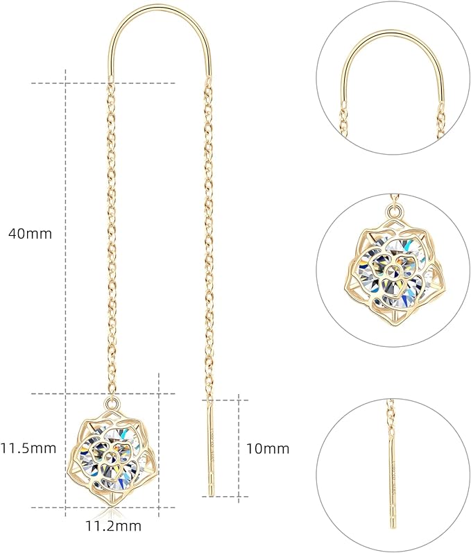 ONE PAIR: MOISSANITE Threader Earrings, Princess Round Cut 0.8-4CT D-E Color MOISSANITE, 18K Gold Plated 925 Sterling Silver, Hypoallergenic, Jewelry Box Packed, Gifts for Her  Earrings  Color: Rose Flower-Gold